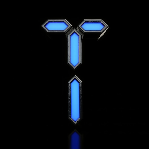 Letter T Futuristic blue neon led digital font 3D Rendering