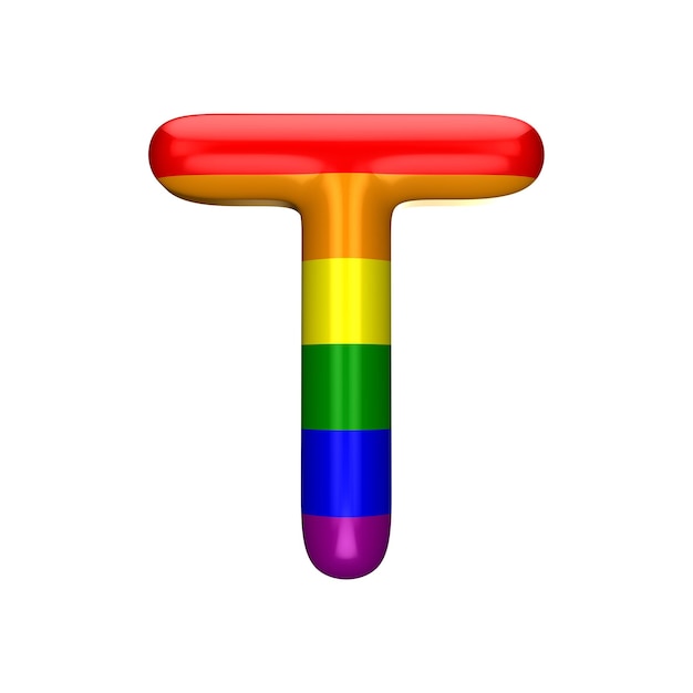 Letter T gay pride rainbow flag alphabet LGBT font 3D Rendering