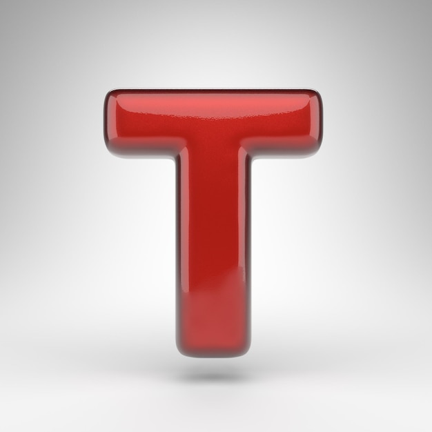 Letter T hoofdletters op witte achtergrond. Rode autolak 3D-gerenderde lettertype met glanzend metalen oppervlak.