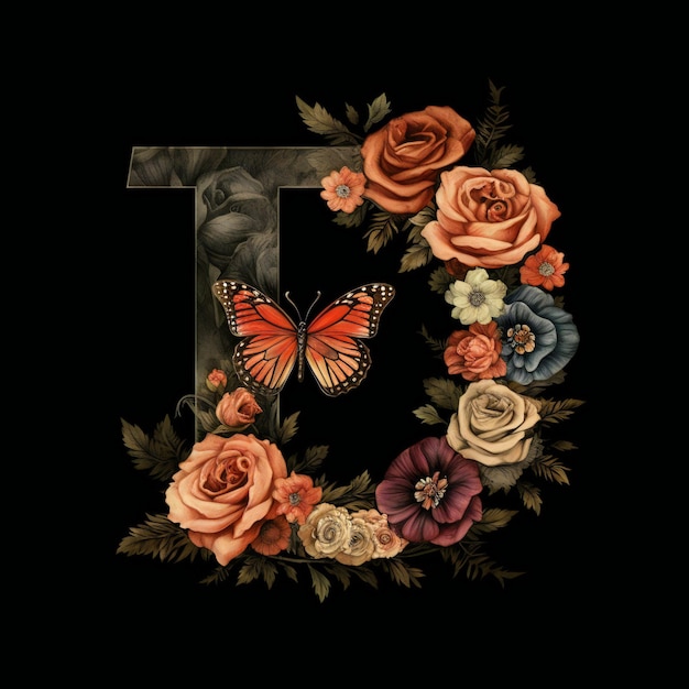 A letter t is made with flowers and a butterfly.