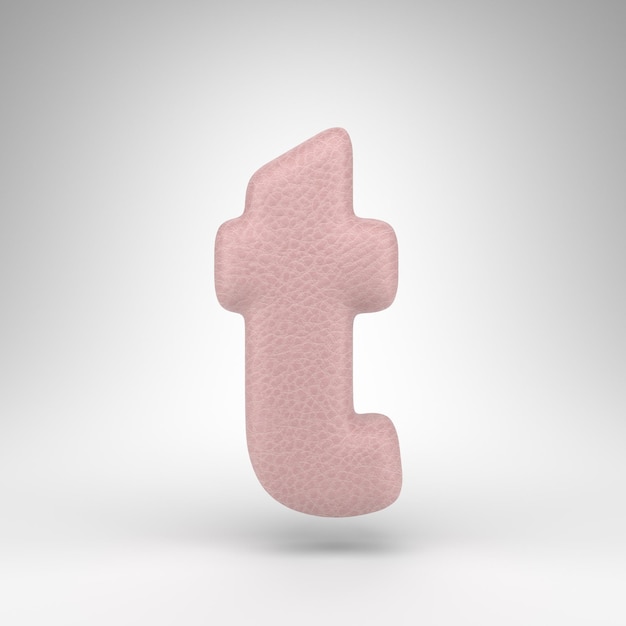 Letter T lowercase on white background. Pink leather 3D rendered font with skin texture.