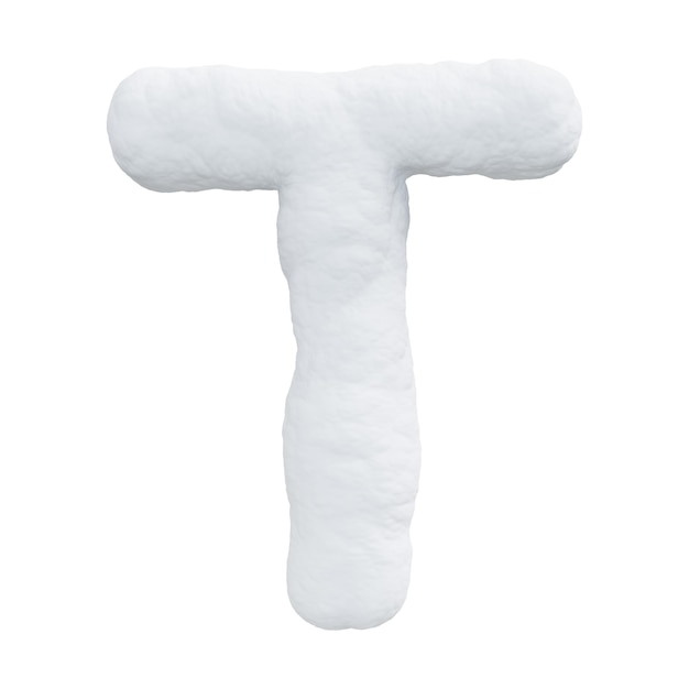 Letter T made of snow Winter font on a white background Realistic 3D render