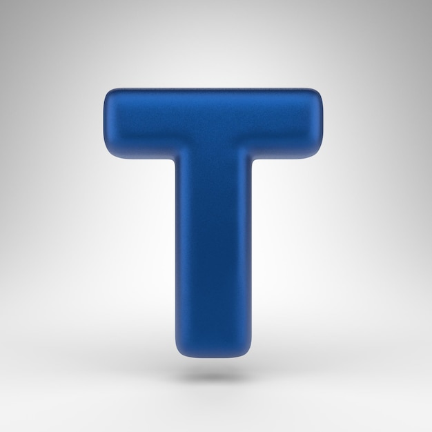 Letter T uppercase on white background. Anodized blue 3D rendered font with matte texture.