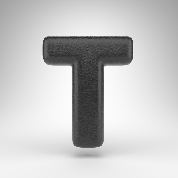 Letter T uppercase on white background. Black leather 3D rendered font with skin texture.