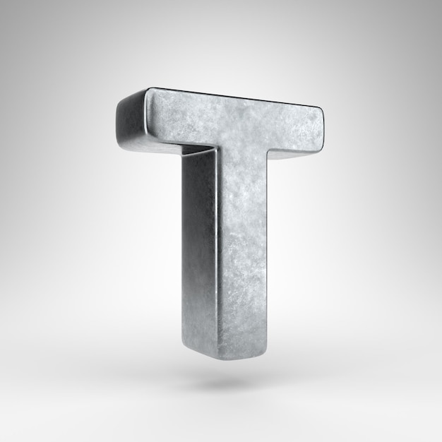 Letter T uppercase on white background. Gun metal 3D rendered font with rough metal texture.