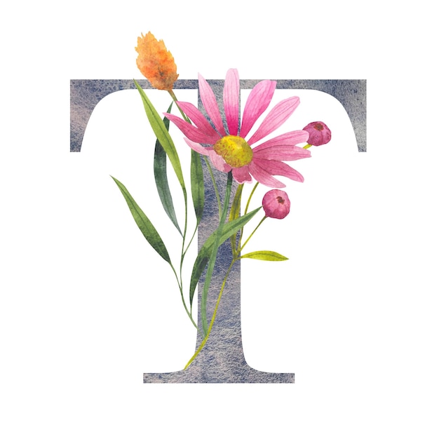Буква Т с акварельными дикими цветами Цветочный алфавит изолирован с ботаническим букетом монограммы инициалы идеально подходят для свадебного приглашения, поздравительной открытки и другого дизайна