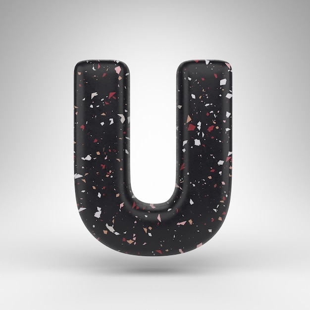 Letter U hoofdletters op witte achtergrond. 3D-gerenderde lettertype met zwarte terrazzo patroon textuur.