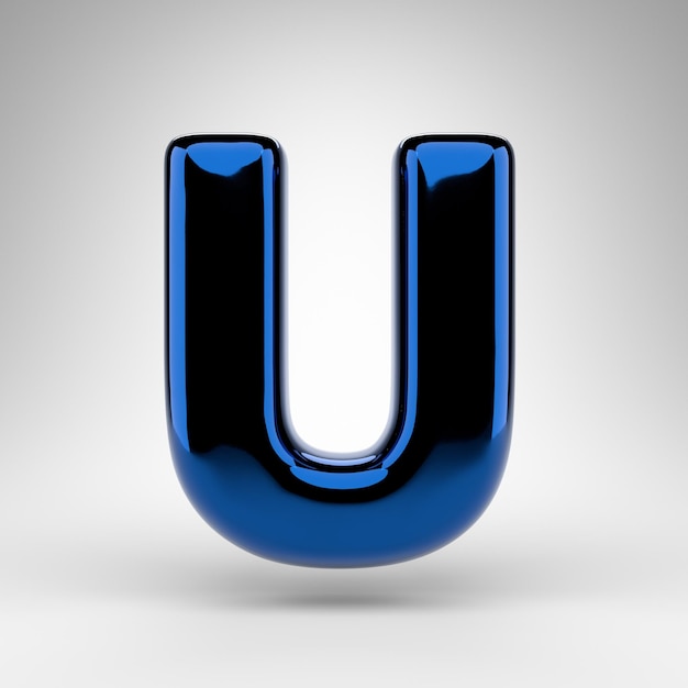 Letter U hoofdletters op witte achtergrond. Blauw chroom 3D-gerenderde lettertype met glanzend oppervlak.