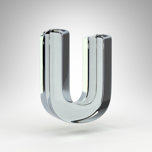 Letter U hoofdletters op witte achtergrond. Cameralens transparant glas 3D gesmolten lettertype met dispersie.