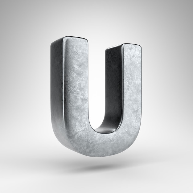 Letter U hoofdletters op witte achtergrond. Gun metal 3D-gerenderde lettertype met ruwe metalen textuur.