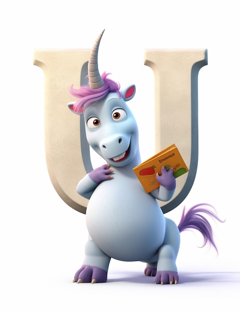 The letter u is written by a unicorn