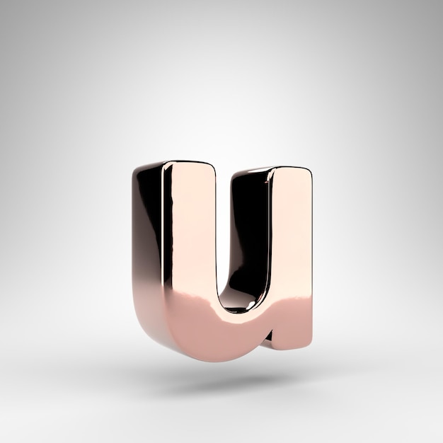 Letter U kleine letters op witte achtergrond. Rose goud 3D-gerenderde lettertype met glanzend chroom oppervlak.