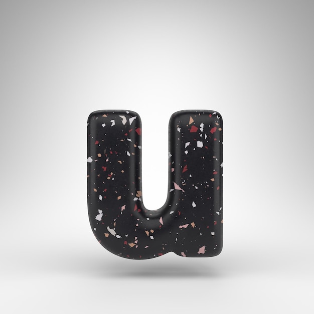 Photo letter u lowercase on white background. 3d rendered font with black terrazzo pattern texture.