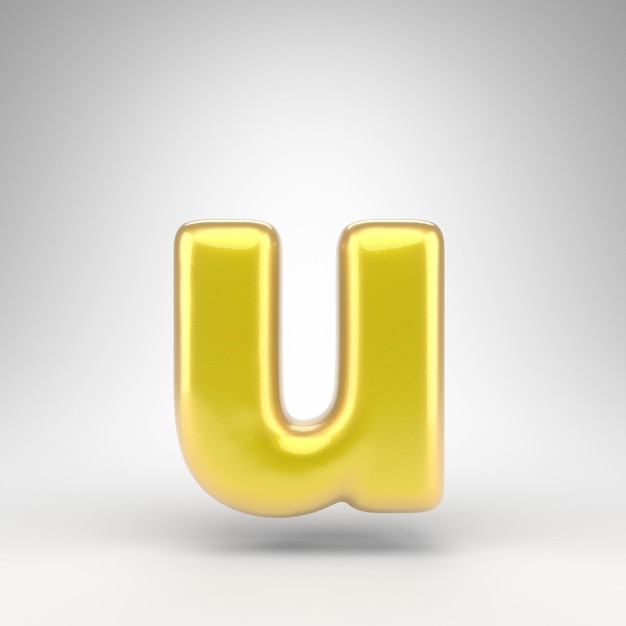 Letter U lowercase on white background. Yellow car paint 3D rendered font with glossy metallic surface.