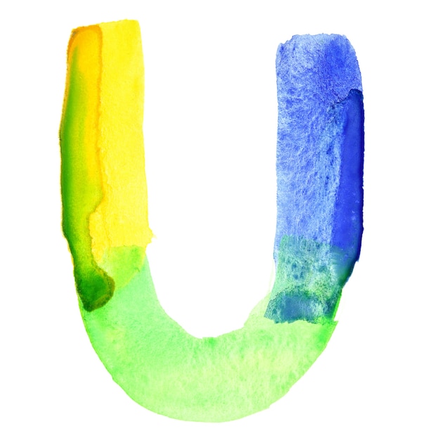 Letter U - Vivid watercolor alphabet. Colours resemble flag of Brazil