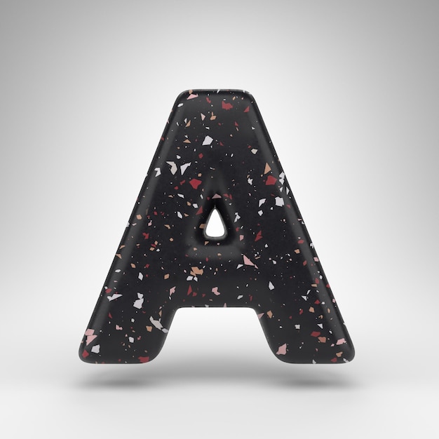 Letter A uppercase on white background. 3D rendered font with black terrazzo pattern texture.