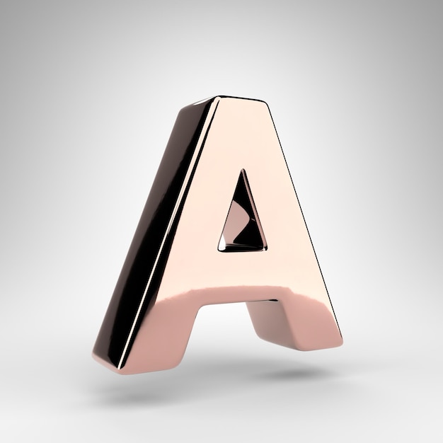 Буква А в верхнем регистре на белом фоне. 3D-шрифт из розового золота с глянцевой хромированной поверхностью.