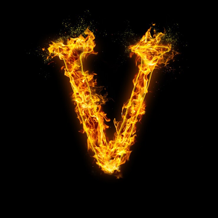 文字V.黒に炎を放ち、火花を伴うリアルな火の効果。