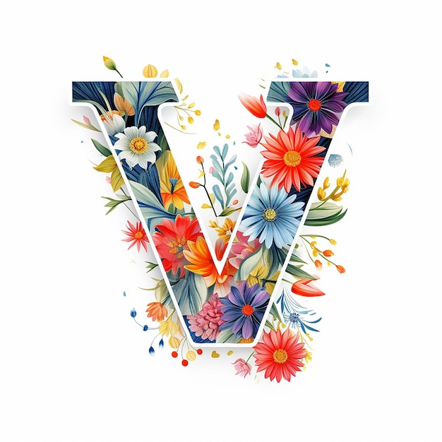 letter V floral design on white isolated background