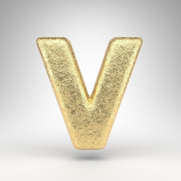 Foto letter v hoofdletters op witte achtergrond. gevouwen gouden folie 3d-gerenderde lettertype met glanzende metalen textuur.