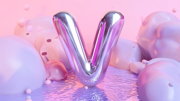 Буква v имеет форму сердца 3D-рендеринг буквы V 3D-стиль украшенная заглавная буква V