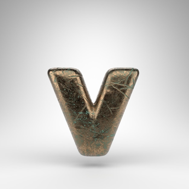 Letter V kleine letters op witte achtergrond. Bronzen 3D-gerenderde lettertype met geoxideerde bekraste textuur.