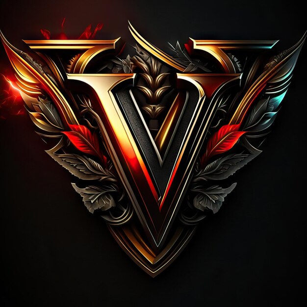 Letter V logo with gold and red details