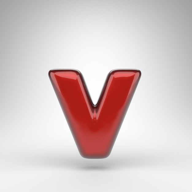 Letter V lowercase on white background. Red car paint 3D rendered font with glossy metallic surface.