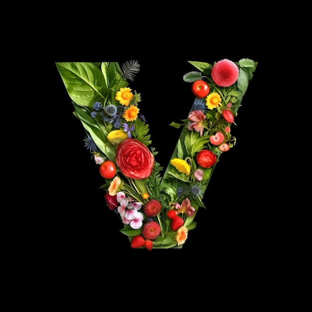 Letter V made of flowers and plants on black background Flower font concept