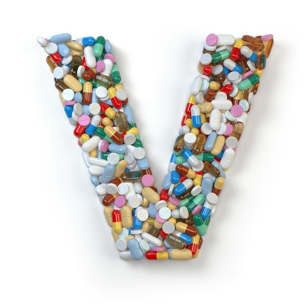 Letter V. Set alfabet van geneeskunde pillen, capsules, tabletten en blaren geïsoleerd op wit. 3d illustratie