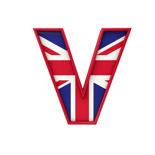 Lettera v union jack font bandiera della gran bretagna con scritta 3d rendering