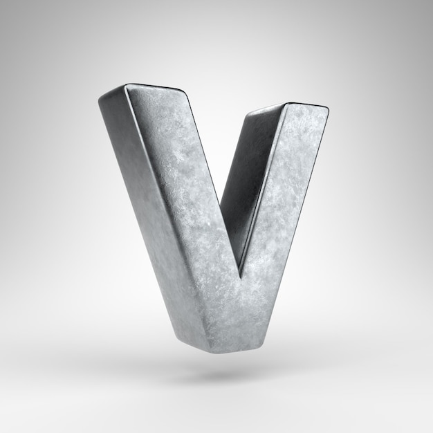 Letter V uppercase on white background. Gun metal 3D rendered font with rough metal texture.