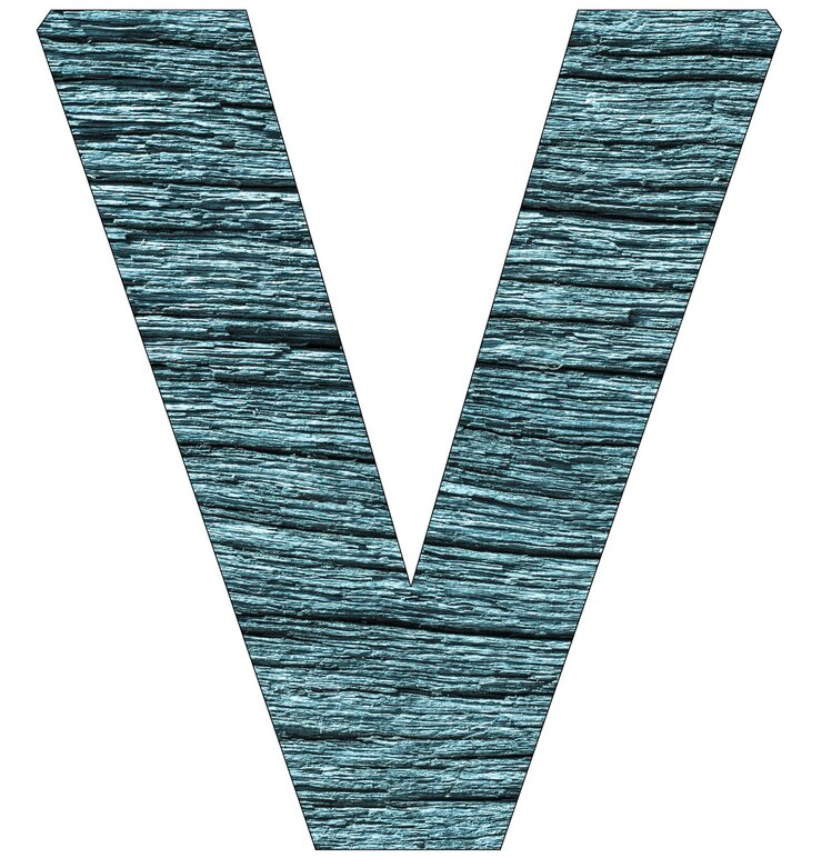 Foto letter v van het alfabet met houtstructuur in blauwe kleur