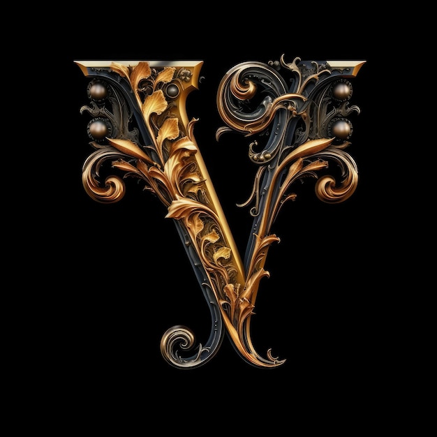 Photo a letter v with gold leaves and flowers on a black background