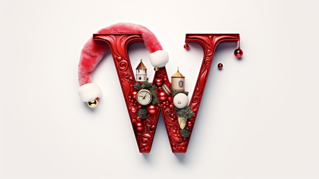 Letter W decorated with Christmas ornaments with red Santa Hat