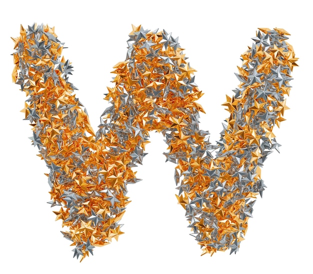 Letter W from gold and silver stars 3D rendering