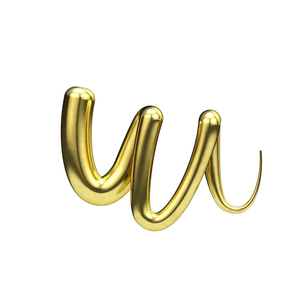 Letter W gold handwritten script font 3D Rendering