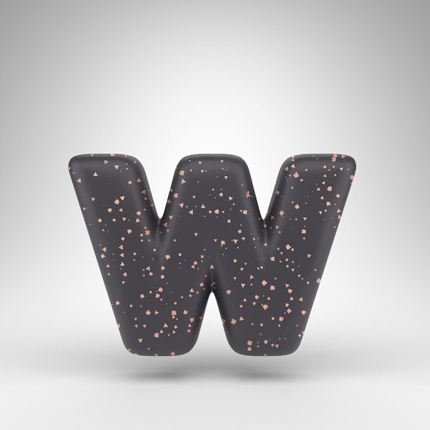 Letter W lowercase on white background. Black matte 3D rendered font with copper dots texture.