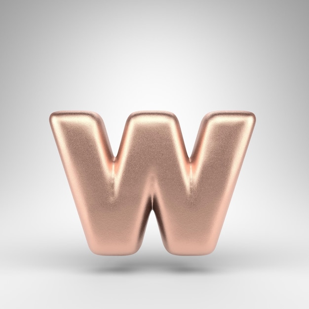 Letter W lowercase on white background. Matte copper 3D rendered font with shiny metallic texture.