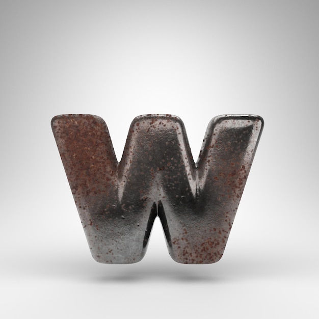 Строчная буква W на белом фоне. Ржавый металлический 3D-шрифт с окисленной текстурой.