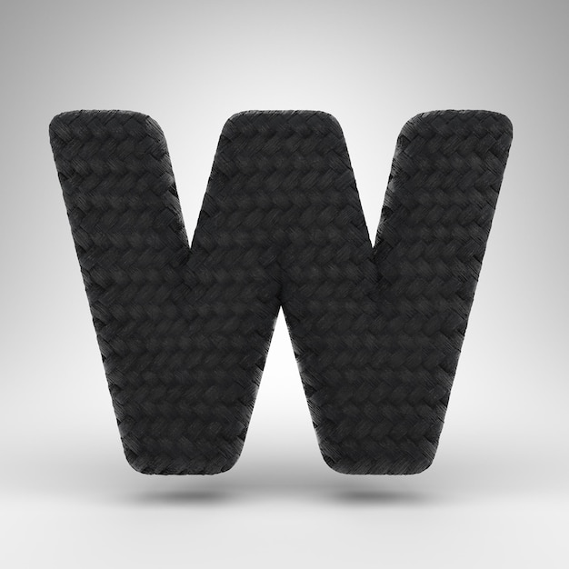 Letter W uppercase on white background. Black carbon fiber 3D rendered font with carbon thread texture.