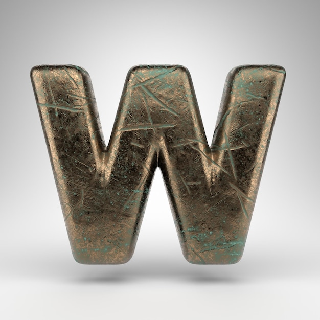 Letter W uppercase on white background. Bronze 3D rendered font with oxidized scratched texture.