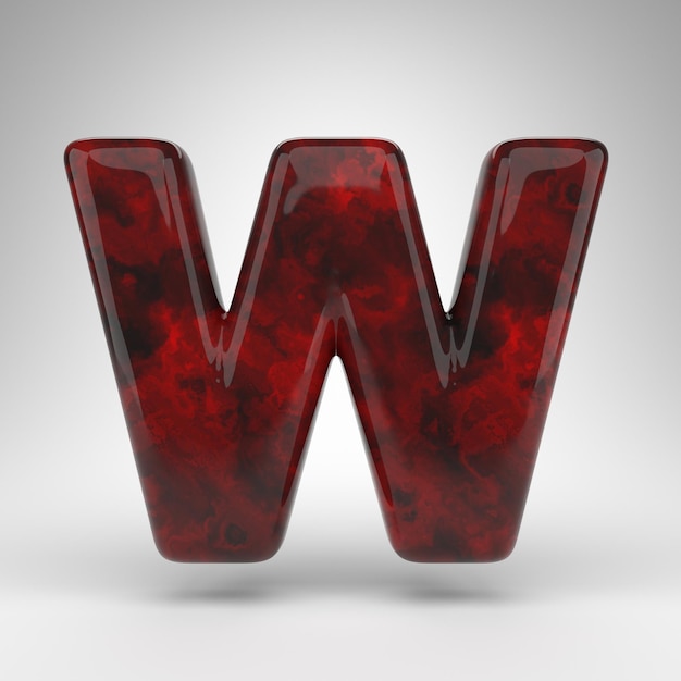 Letter W uppercase on white background. Red amber 3D letter with glossy surface.