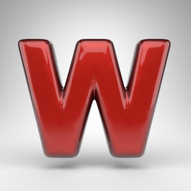 Letter W uppercase on white background. Red car paint 3D rendered font with glossy metallic surface.