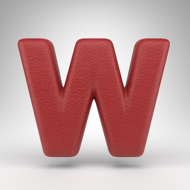 Letter W uppercase on white background. Red leather 3D letter with skin texture.