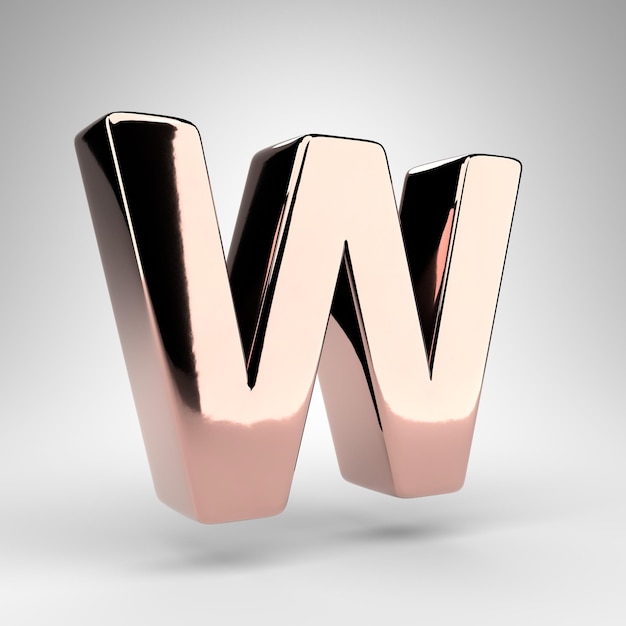 Буква W в верхнем регистре на белом фоне. 3D-шрифт из розового золота с глянцевой хромированной поверхностью.