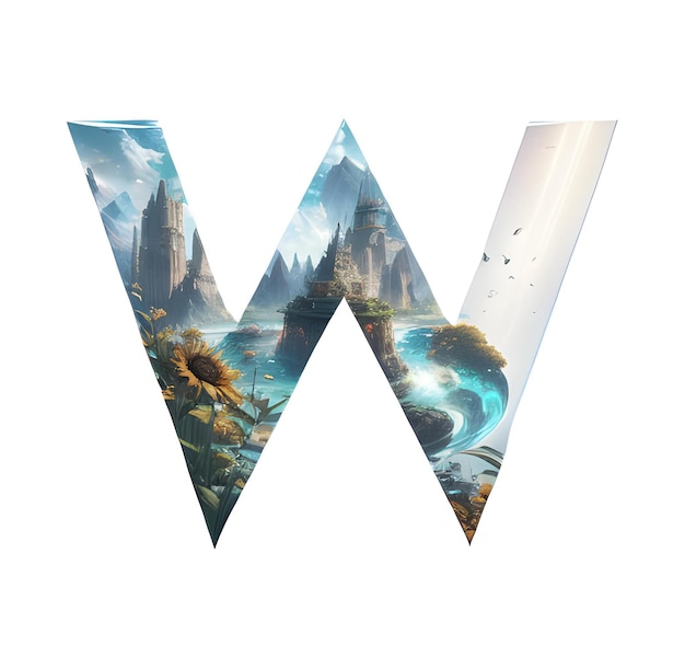 A letter w with a mountain landscape in the background.