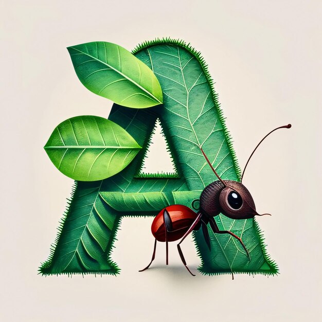 Photo letter a with ant and green leaves 3d render illustration