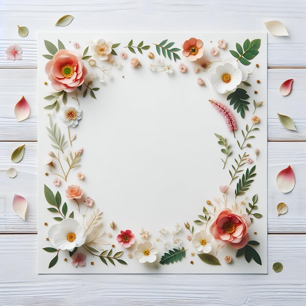 Photo letter with floral petals border decoration on white wooden table background