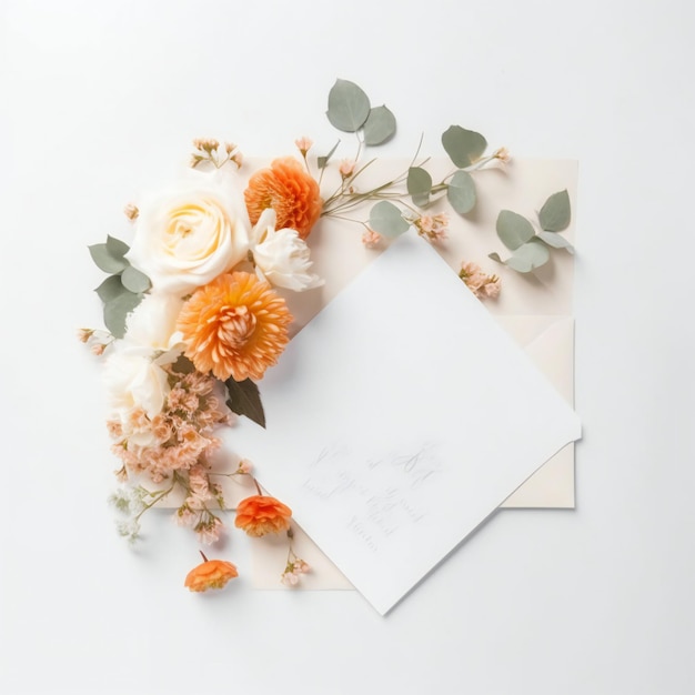 A letter with a flower on it is surrounded by flowers.